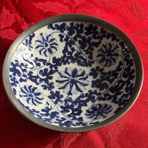 Vintage Japanese ACF Porcelain Ware Pewter Encased Trinket Bowl.